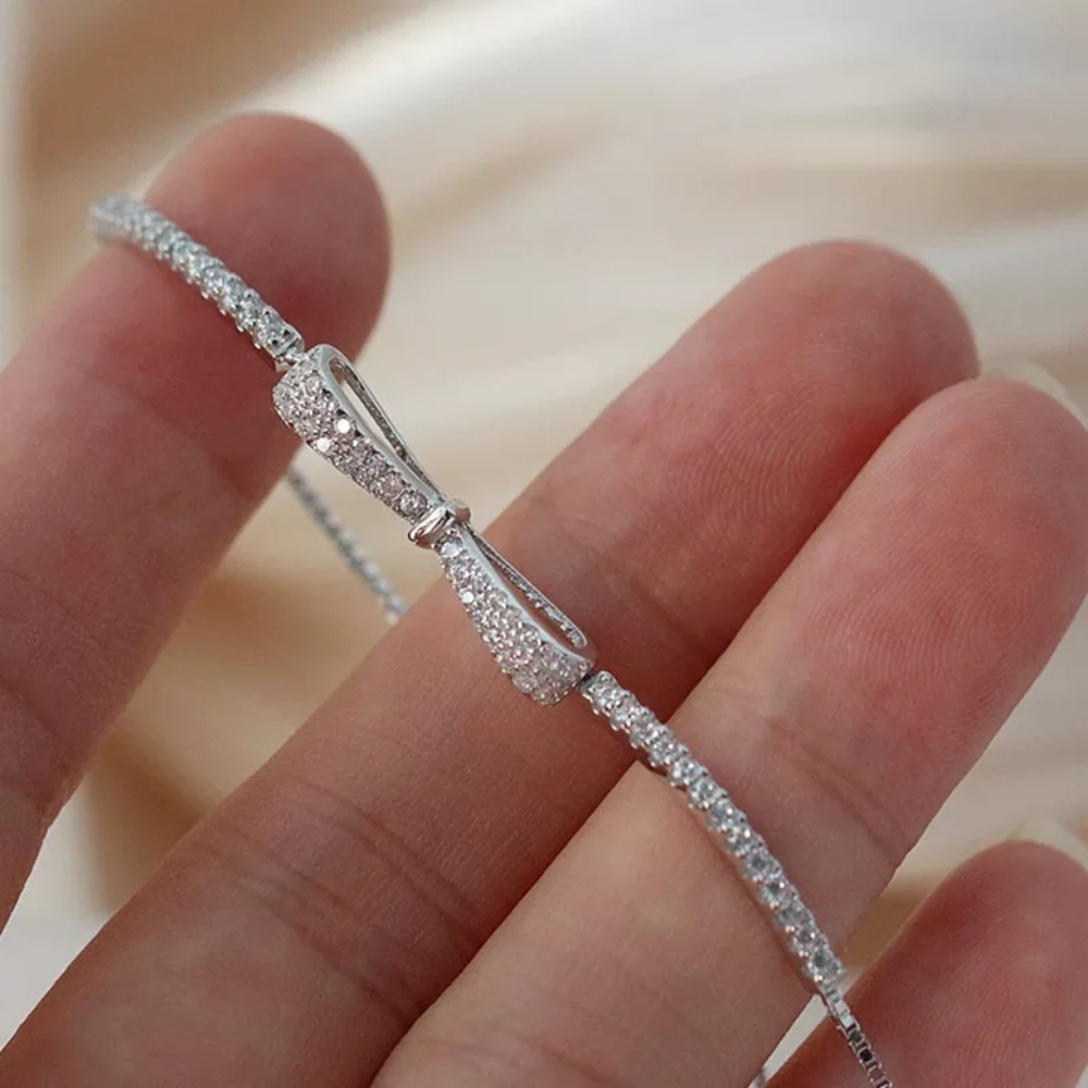 925 Sterling Silver Plated Bowknot Shiny Zircon Tennis Bracelet